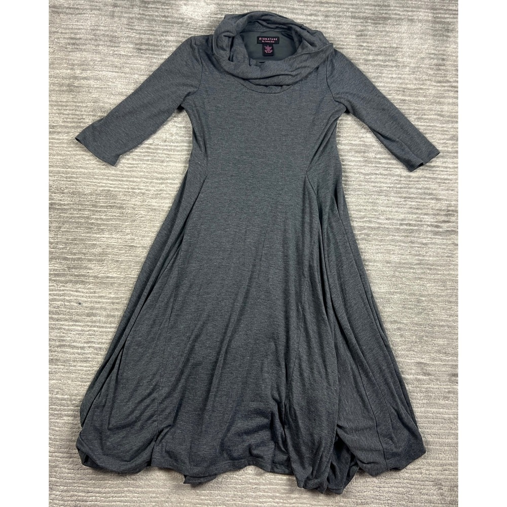Signature by Robbie Bee Dress Womens 6 Grey Cowl Neck Fit Flare 3/4 Sleeve Knit
